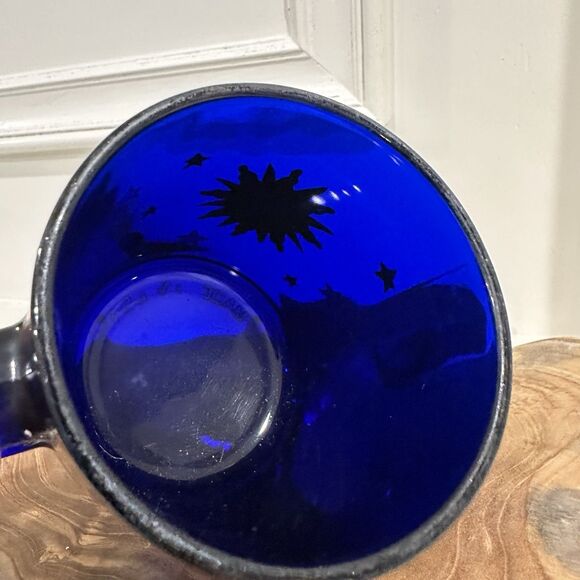 SOLD  Libbey Cobalt Blue Glass 12oz Coffee Mug Celestial Sun Moon Stars Friends - Picture 7 of 8